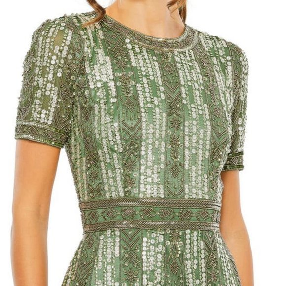 Mac Duggal Sage Green Sequin & Bead Detail Cocktail Midi Dress - Picture 2 of 10